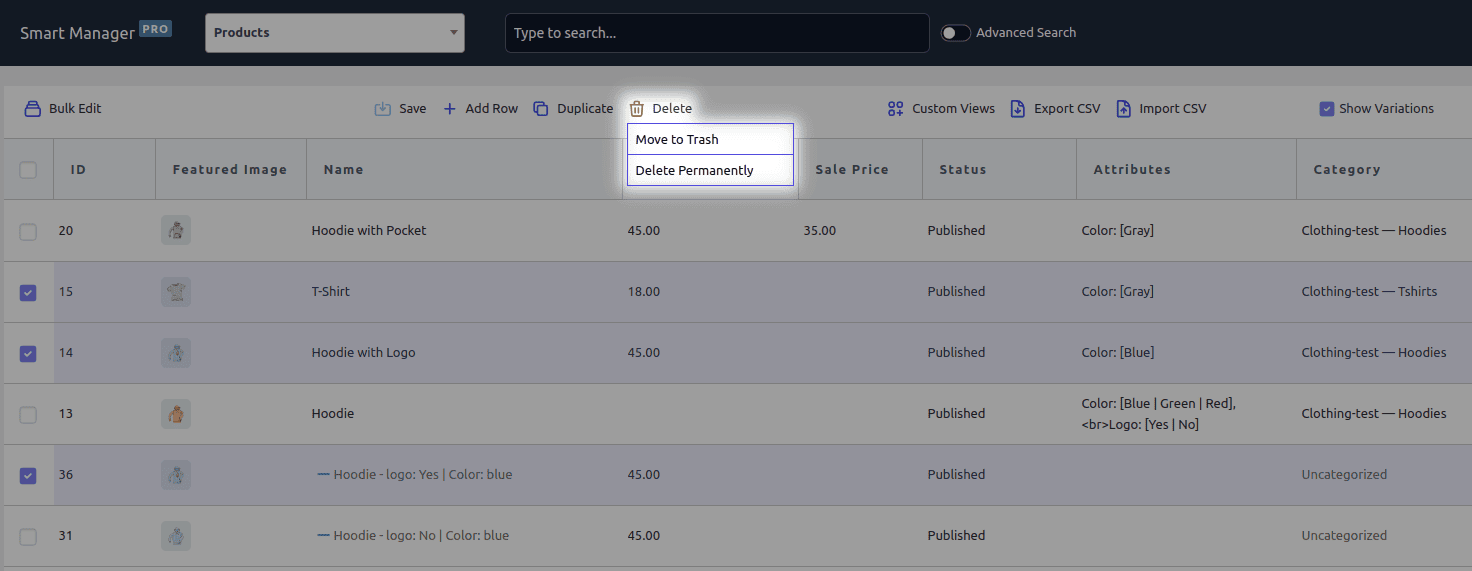 woocommerce delete all products option