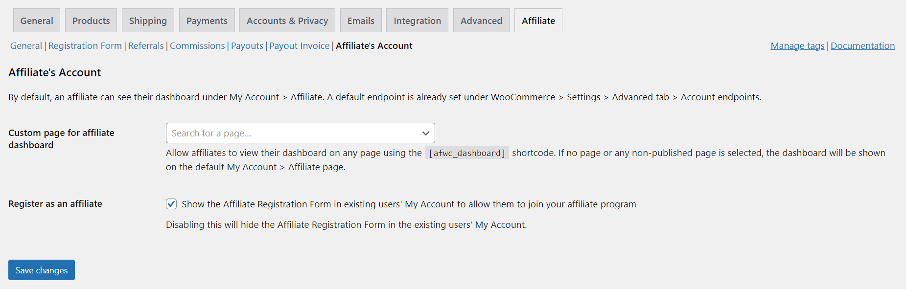 Affiliate for WooCommerce affiliate's account settings