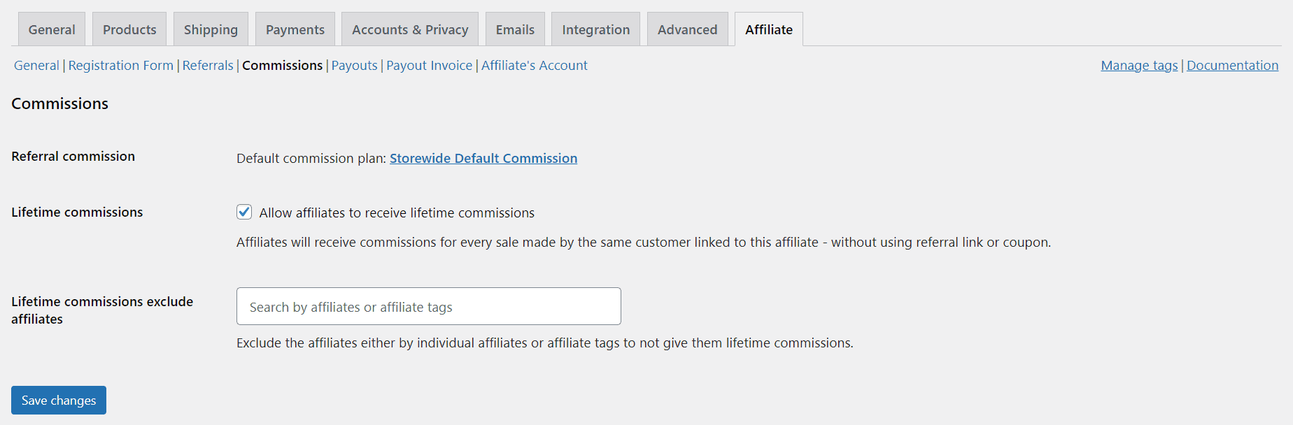 Affiliate for WooCommerce commission settings