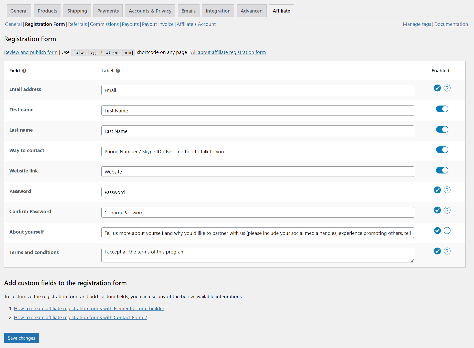 Affiliate for WooCommerce registration form settings