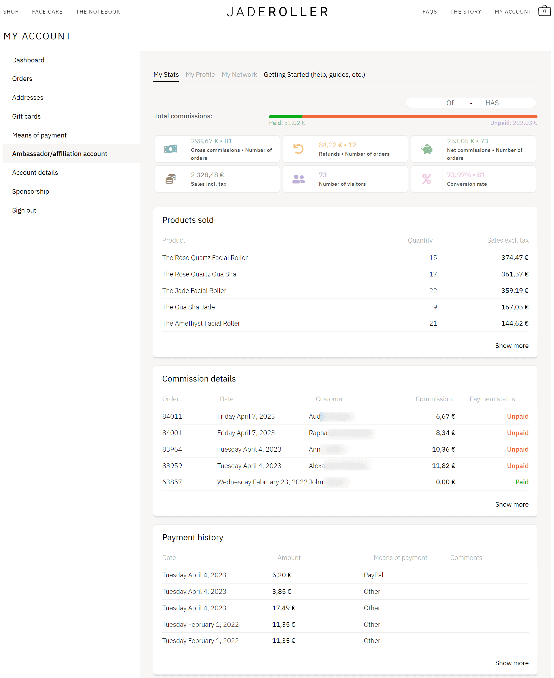 Jade Roller individual affiliate dashboard stats