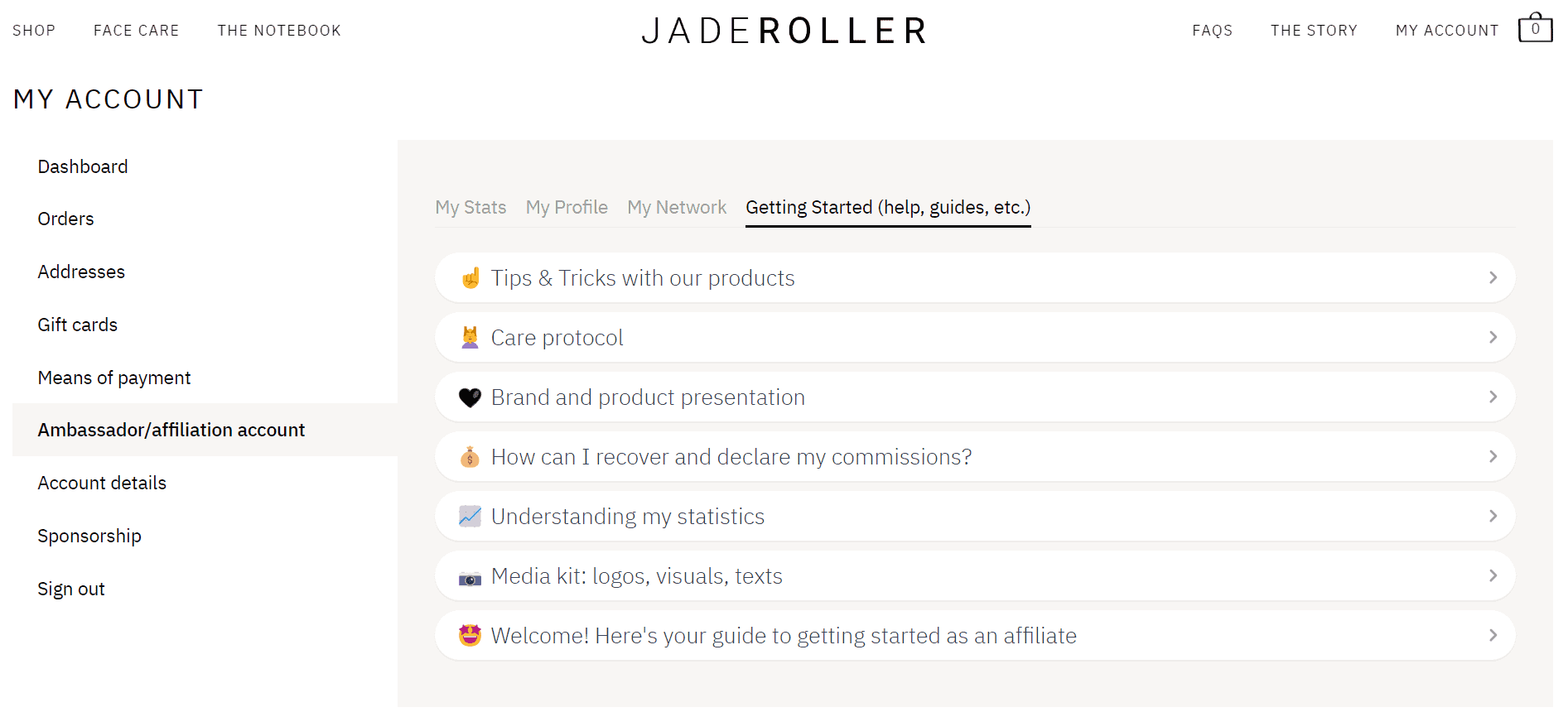 Jade Roller affiliate campaigns dashboard