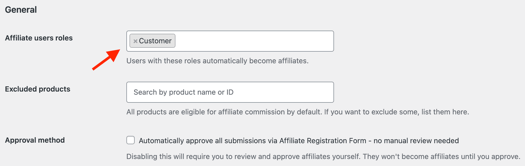 affiliate customer user role setting