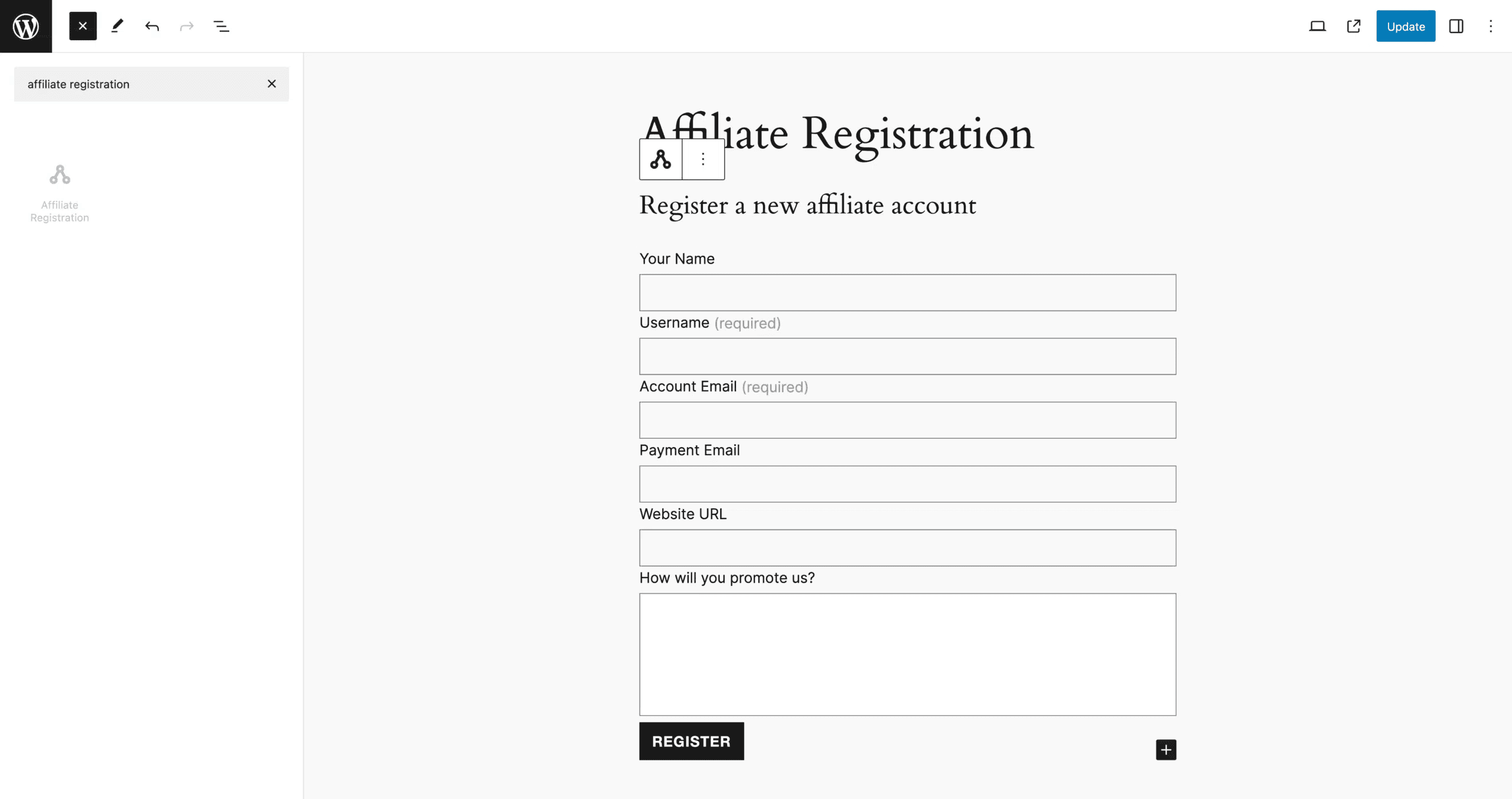 affiliatewp registration form builder