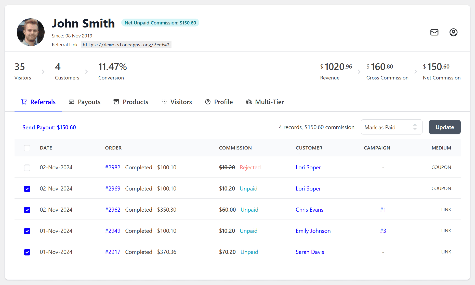 select referrals for Stripe payouts