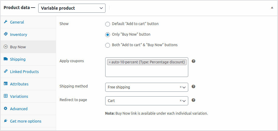 Skip cart settings for product variations