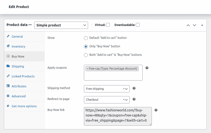 Skip cart settings for simple product