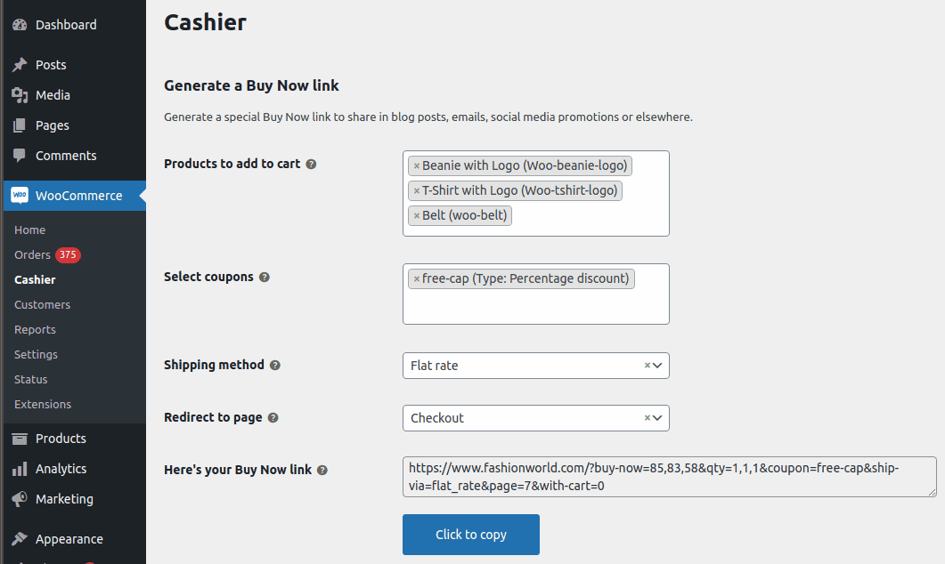 Create shareable skip cart link