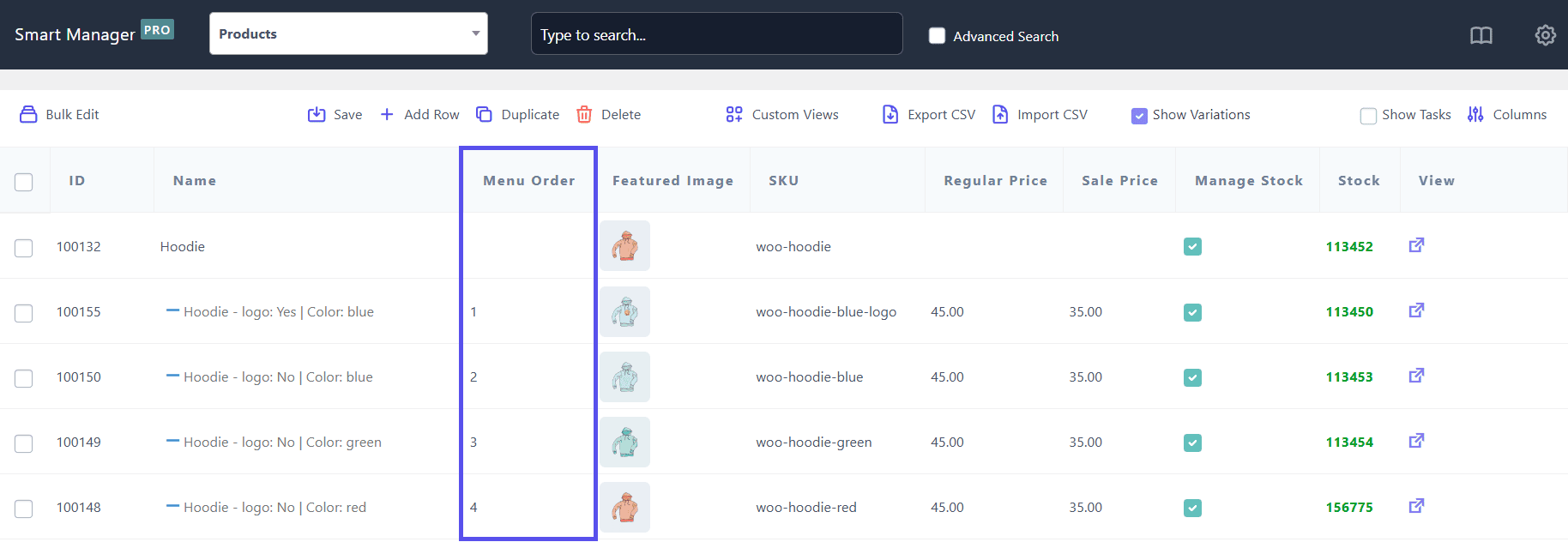 Inline edit menu order for product variations